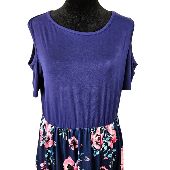 Womens Cold Shoulder Floral Maxi Dress Size XL Navy With Pink & White Boho - Picture 8 of 12